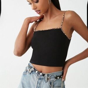 F21 Black Leopard Print Contrast Trim Crop Top